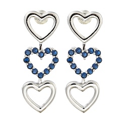 Морской Синий Серьги-гвоздики из латуни с микропаве из кубического циркония, сердце, платина, Marine Blue, 36x12.5 мм