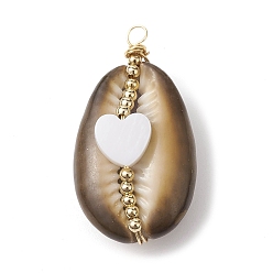 Heart Natural Cowrie Shell Copper Wire Wrapped Pendants, Shell Charms with Natural Freshwater Shell Beads, Heart, 35~36.5x20~20.5x12.5~13mm, Hole: 2.5mm