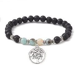 Flower Amazonite Natural Lava Rock & Natural Flower Amazonite Gemstone Round Beaded Stretch Bracelet, with Alloy Tree of Life Charms, Inner Diameter: 2-1/2 inch(6.5cm)