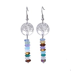 Colorful Glass Dangle Earrings, with 304 Stainless Steel Hooks, 316 Surgical Stainless Steel Cubic Zirconia Links & Cardboard Jewelry Set Boxes, Flat Round with Tree of Life, Colorful, 64mm, Pin: 0.6mm