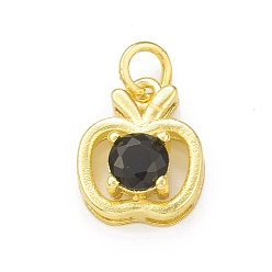Black Rack Plating Brass Cubic Zirconia Charms, with Jump Ring, Cadmium Free & Lead Free, Long-Lasting Plated, Real 18K Gold Plated, Apple Charm for Teacher's Day, Black, 13x10.5x5.5mm, Hole: 3mm