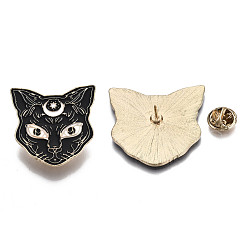 Black Alloy Brooches, Enamel Pin, with Brass Butterfly Clutches, Cat Shape, Light Gold, Black, 37x37.5x2mm, Pin: 1mm