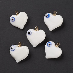 White Handmade Evil Eye Lampwork Pendants, with Light Gold Tone Brass Findings, Long-Lasting Plated, Lead Free & Cadmium Free, Heart Charm, White, 19x17.5~18.5x8.5~9mm, Hole: 1.4mm