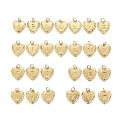 Настоящее золото 18K 26 шт. 26 стили латунные инициальные подвески, подвески в виде сердца с буквами a~z и соединительными кольцами, долговечный, без свинца, без кадмии и без никеля, стойки покрытие, реальный 18 k позолоченный, 16x15x2.5 мм, Перейти кольцо: 5x0.5 мм, 3 мм внутренним диаметром