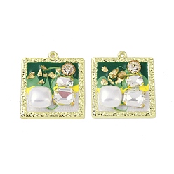 Green Rack Plating Alloy Enamel Pendants, with Resin, ABS Imitation Pearl Beads, Rhinestone and Glass Beads, Cadmium Free & Nickel Free & Lead Free, Square, Green, 33x30x6mm, Hole: 1.6mm