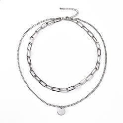 Stainless Steel Color Non-Tarnish 304 Stainless Steel Double Chains Multi Layered Necklace with Flat Round Charms for Women, Stainless Steel Color, 16.34 inch(41.5cm)