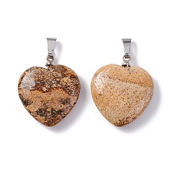 Picture Jasper Natural Picture Jasper Pendants, Heart, with Brass Findings, Platinum, 22~23x20~20.5x6~7.5mm, Hole: 5x8mm