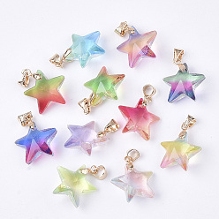Mixed Color Rainbow K9 Glass Pendants, with Brass Findings, Faceted, Star, Golden, Mixed Color, 15.5x16.5x8mm, Hole: 4x3.5mm