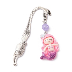 Pearl Pink Mermaid Resin Pendant Bookmarks, with Synthetic Crackle Quartz Bead, Pearl Pink, 78.5mm, Pendant: 47x25x7.5mm