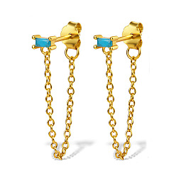 Sky Blue Real 18K Gold Plated 925 Sterling Silver Chains Front Back Stud Earrings, with Rectangle Cubic Zirconia, Sky Blue, 48x4mm