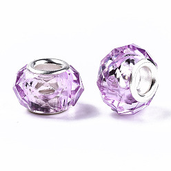 Orchid Transparent Resin European Beads, Imitation Crystal, Large Hole Beads, with Silver Tone Brass Double Cores, Faceted, Rondelle, Orchid, 14x9.5mm, Hole: 5mm