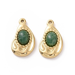 African Jade Natural African Jade Pendants, with Ion Plating(IP) Real 18K Gold Plated 304 Stainless Steel Findings, Teardrop Charm, 22x13x5mm, Hole: 1.5mm
