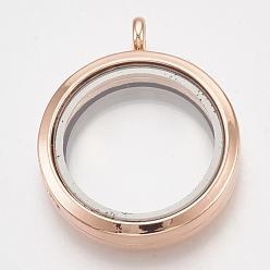 Rose Gold Alloy Magnetic Locket Pendants, with Glass, Flat Round, Rose Gold, 37x30x7mm, Hole: 3.5mm, Inner diameter: 23mm