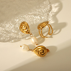 Золотой 304 комплект из серег и колец в форме капли из нержавеющей стали, набор украшений для женщин, с натуральным пресноводным жемчугом, золотые