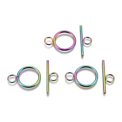 Rainbow Color Ion Plating(IP) 304 Stainless Steel Toggle Clasps, Ring, Rainbow Color, Ring: 28x20x2mm, Hole: 5.5mm, Bar: 30x10x2mm, Hole: 5.5mm
