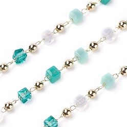 Dark Cyan Handmade Glass Beaded Chains, Soldered, with Brass Findings, with Spool, Long-Lasting Plated, Golden, Cube, Dark Cyan, 2.3~2.8x2.3~2.8x2.3~2.8mm, 2mm, about 32.8 Feet(10m)/roll