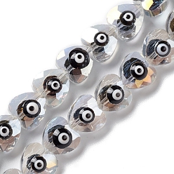 Black Transparent Evil Eye Glass Beads Strands, with Enamel, Faceted, Heart, Black, 10x10x6~7.5mm, Hole: 1.2mm, about 40pcs/strand, 14.25''(36.2cm)