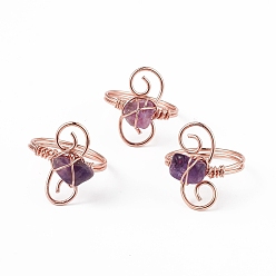 Amethyst Natural Amethyst Chips with Vortex Finger Ring, Rose Gold Brass Wire Wrap Jewelry for Women, Inner Diameter: 18mm