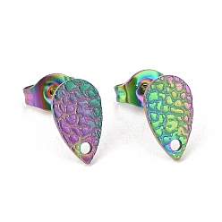 Rainbow Color Ion Plating(IP) 304 Stainless Steel Stud Earring Findings, with Hole, Textured Teardrop, Rainbow Color, 10x6mm, Hole: 1mm, Pin: 0.8mm