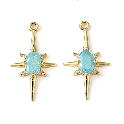 Sky Blue Brass Micro Pave Cubic Zirconia Pendants, Real 18K Gold Plated, Star, Sky Blue, 21x12x3.5mm, Hole: 1.2mm