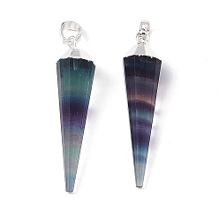 Silver Natural Fluorite Pendants, Faceted Cone Charms, with Rack Plating Brass Findings, Silver, 34~34.5x7.5~8mm, Hole: 6x4mm