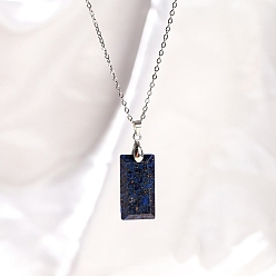 Lapis Lazuli Natural Lapis Lazuli Pendant Necklaces, with Stainless Steel Chain, Rectangle, 15.75 inch(40cm)