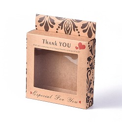 BurlyWood Kraft Paper Boxes, Clear Window Packaging Boxes, Rectangle with Word Thank You, BurlyWood, Box: 10x10cm, Unfold: 19.4x12.5x0.08cm