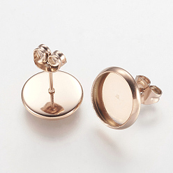 Rose Gold Ion Plating(IP) 304 Stainless Steel Stud Earrings Findings, Flat Round, Rose Gold, Tray: 10mm, Pin: 0.9mm