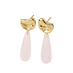 Розовый Кварц Серьги-гвоздики с подвесками и каплей из натурального розового кварца, с латунной фурнитурой и 925 булавками из стерлингового серебра, золотые, 34.5x11.5 мм