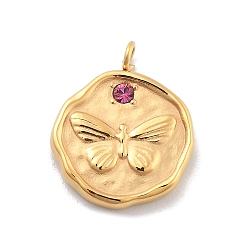 Розовый 304 из нержавеющей стали горный хрусталь подвески, плоская круглая бабочка, ионное покрытие (ip), реальный 14 k позолоченный, светло-розовый, 15.5x12.5x2 мм, отверстие : 1.8 мм