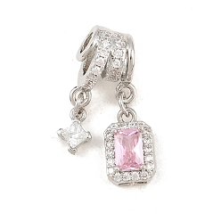 Pink Латунные микро проложить кубического циркония подвески, долговечный, стойки покрытие, без кадмия и без свинца, прямоугольник с подвесками в виде ромбов, платина, розовые, 22.5 мм, отверстие : 3.5 мм