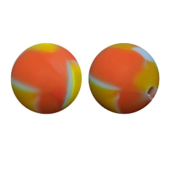 Orange Round with Rainbow Print Pattern Food Grade Silicone Beads, Silicone Teething Beads, Orange, 15mm