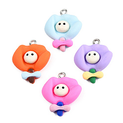 Mixed Color Opaque Resin Pendants, with Platinum Plated Iron Loops, Bouquet Charm with Smiling Face Pattern, Mixed Color, 23.5~24x19.5~20x5.5~6mm, Hole: 2mm