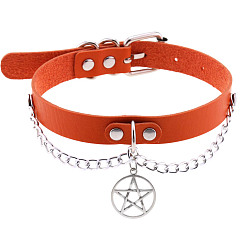 orange Stylish Star Pendant Collarbone Necklace with Leather Chain for Women