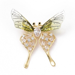 Yellow Resin Butterfly Lapel Pin with Clear Cubic Zirconia, Real 18K Gold Plated Brass Badge with Loop for Jewelry Pendant, Cadmium Free & Lead Free, Yellow, 49x47x5mm