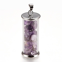 Amethyst Alloy & Glass Wish Bottle Pendants, with Natural Amethyst Chips, Platinum, Column, 35x13.5mm, Hole: 4x3.5mm