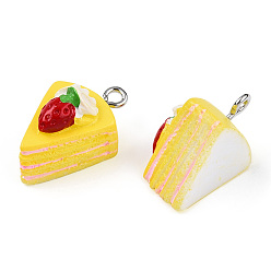 Yellow Opaque Resin Pendants, Cake Charm, with Platinum Plated Iron Loops, Imitation Food, Yellow, 19.5x13.5x13mm, Hole: 2mm
