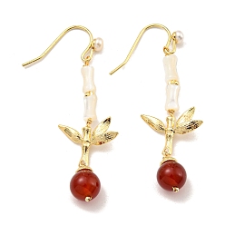Real 14K Gold Plated Natural Red Agate & Pearl & Shell Dangle Earrings, with Brass Findingds for Women, Round, Real 14K Gold Plated, 55x18mm