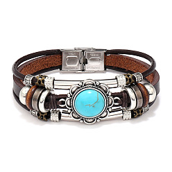 Brown F model Boho Style Leather Stainless Steel Bracelet with Turquoise Cat Eye Stone