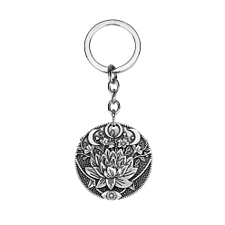 Antique Silver Retro Flat Round with Mandala Flower Moon Eye Alloy Pendant Keychain, for Men Women Gift, Antique Silver, 3.8cm