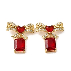 Red Rack Plating Real 18K Gold Plated Brass Bowknot with Rectangle Dangle Stud Earrings, with Cubic Zirconia and Rhinestone, Long-Lasting Plated, Lead Free & Cadmium Free, Red, 20.5x18.5mm
