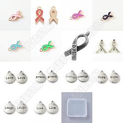 Mixed Color 88Pcs 14 Styles Alloy Enamel & Alloy Pendants, Awareness Ribbon & Flat Round with Word, Mixed Color, 17~23.5x7.5~14x2~3mm, Hole: 1.5~2mm