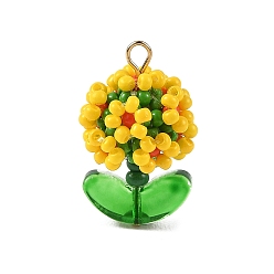 Yellow Glass Seed Beaded Pendants, Flower Charm, with 304 Stainless Steel Flat Head Pins & Glass, Yellow, 24.5x14x14mm, Hole: 2mm