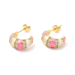 Pink Enamel Croissant Stud Earrings with Clear Cubic Zirconia, Real 18K Gold Plated Brass Jewelry for Women, Cadmium Free & Lead Free, Pink, 15x6.5mm, Pin: 0.8mm