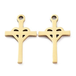 Real 18K Gold Plated Ion Plating(IP) 316L Surgical Stainless Steel Pendants, Cross with Heart Charm, Real 18K Gold Plated, 17x10x1mm, Hole: 1.2mm