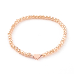 Sandy Brown Electroplate Faceted Round Glass Beaded Bracelets, with Brass Heart Beads, Rose Gold, Sandy Brown, Inner Diameter: 2-3/8 inch(6cm)