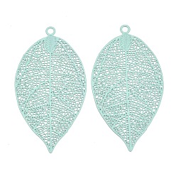 Light Sky Blue Spray Painted 403 Stainless Steel Pendants, Leaf Charms, Light Sky Blue, 49x26x0.2mm, Hole: 2mm