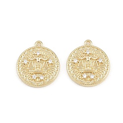 Libra Brass Micro Pave Clear Cubic Zirconia Pendants, Flat Round with Constellation Charms, Rack Plating, Long-Lasting Plated, Cadmium Free & Lead Free, Golden, Libra, 16x14x2~3mm, Hole: 1mm
