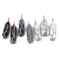 Mixed Stone Natural & Synthetic Mixed Gemstone Big Wire Wrapped Pendants, with Brass Wires, prismatic with Tree of Life, Platinum, 48~62x14~17x13~18mm, Hole: 4x5~6mm
