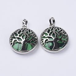 Malachite Dyed Synthetic Malachite Pendants, with Platinum Plated Brass Findings, Flat Round with Tree of Life, 31x27x8mm, Hole: 3.5x7mm
